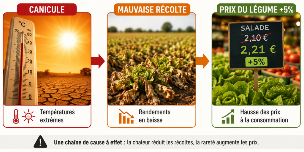 canicule → mauvaise récolte → prix du légume +5 %