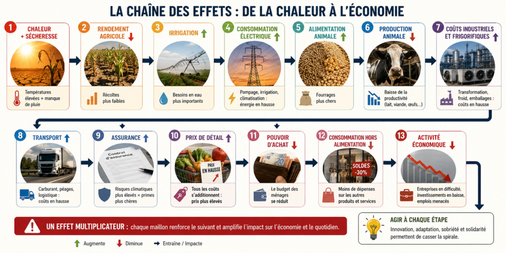 chaleur + sécheresse → rendement agricole ↓ → irrigation ↑ → consommation électrique ↑ → alimentation animale ↑ → production animale ↓ → coûts industriels et frigorifiques ↑ → transport ↑ → assurance ↑ → prix de détail ↑ → pouvoir d'achat ↓ → consommation hors alimentation ↓ → activité économique ↓.