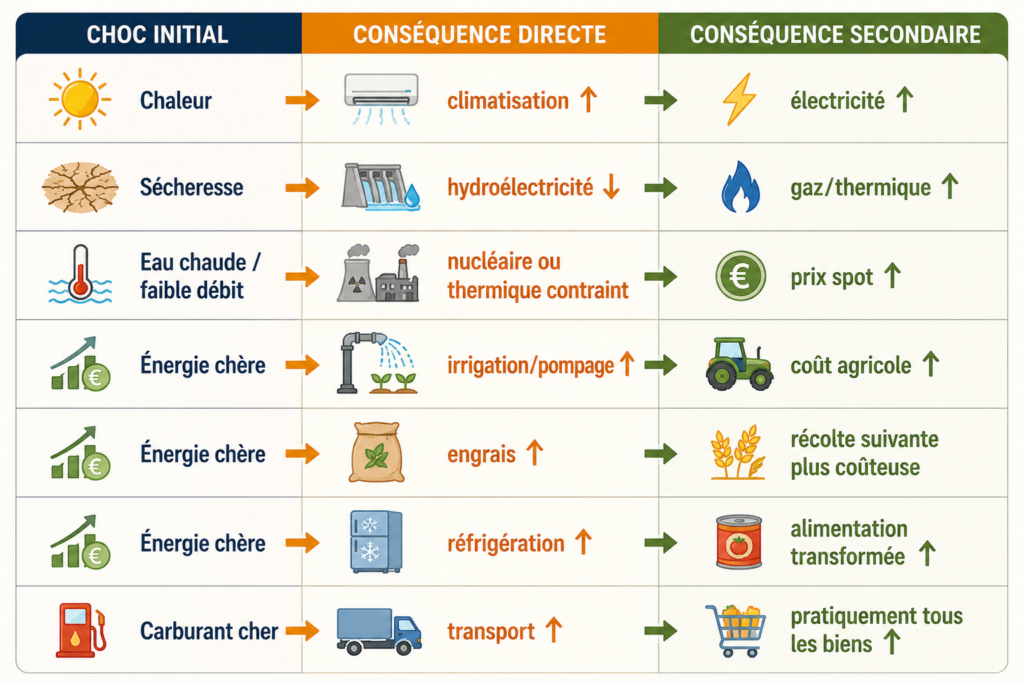 Choc initial | Conséquence directe | Conséquence secondaire |
| ------------------------- | -------------------------------- | ------------------------------ |
| Chaleur | climatisation ↑ | électricité ↑ |
| Sécheresse | hydroélectricité ↓ | gaz/thermique ↑ |
| Eau chaude / faible débit | nucléaire ou thermique contraint | prix spot ↑ |
| Énergie chère | irrigation/pompage ↑ | coût agricole ↑ |
| Énergie chère | engrais ↑ | récolte suivante plus coûteuse |
| Énergie chère | réfrigération ↑ | alimentation transformée ↑ |
| Carburant cher | transport ↑ | pratiquement tous les biens ↑ |