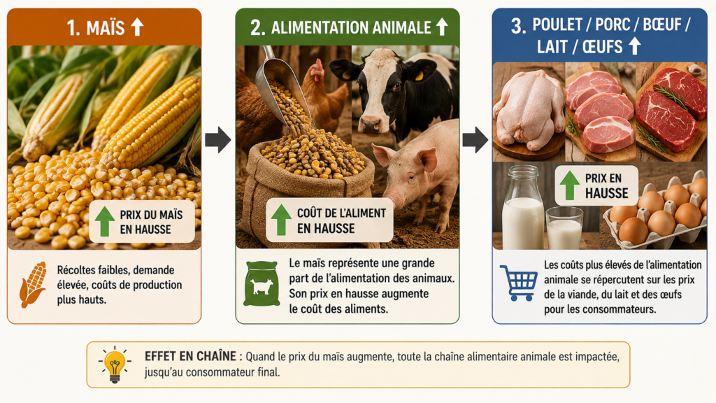 maïs ↑ → alimentation animale ↑ → poulet/porc/bœuf/lait/œufs ↑.