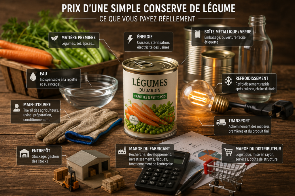 matière première + eau + énergie + boîte métallique/verre + main-d'œuvre + refroidissement + transport + entrepôt + marge du fabricant + marge du distributeur.