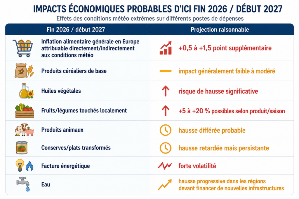 Fin 2026 / début 2027 | Projection raisonnable |
| --------------------------------------------------------------------------------------------------- | -------------------------------------------------------------------------------: |
| Inflation alimentaire générale en Europe attribuable directement/indirectement aux conditions météo | +0,5 à +1,5 point supplémentaire |
| Produits céréaliers de base | impact généralement faible à modéré |
| Huiles végétales | risque de hausse significative |
| Fruits/légumes touchés localement | +5 à +20 % possibles selon produit/saison |
| Produits animaux | hausse différée probable |
| Conserves/plats transformés | hausse retardée mais persistante |
| Facture énergétique | forte volatilité |
| Eau | hausse progressive dans les régions devant financer de nouvelles infrastructures |