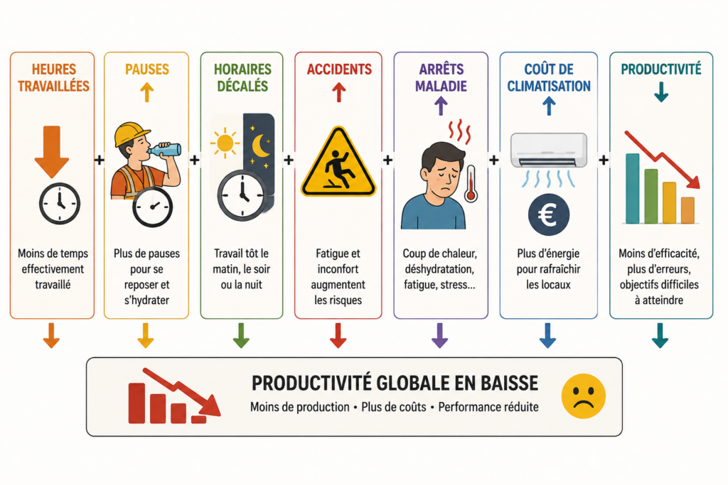 heures travaillées ↓ + pauses ↑ + horaires décalés + accidents ↑ + arrêts maladie ↑ + coût de climatisation ↑ + productivité ↓.