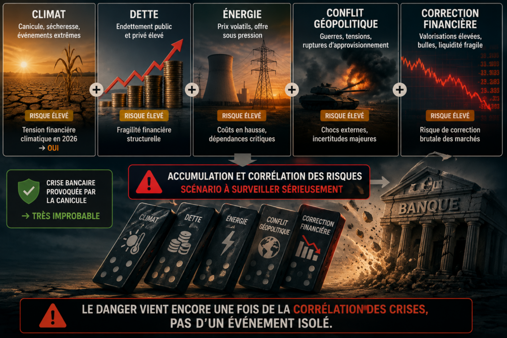 2026 : tension financière climatique → oui.
Crise bancaire provoquée par la canicule → très improbable.
Accumulation de risques climatiques + dette + énergie + conflit géopolitique + correction financière → scénario à surveiller sérieusement.