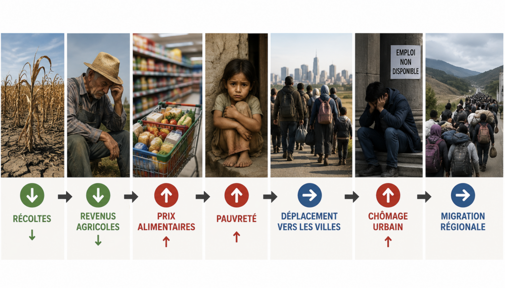 récoltes ↓ → revenus agricoles ↓ → prix alimentaires ↑ → pauvreté ↑ → déplacement vers les villes → chômage urbain ↑ → migration régionale.