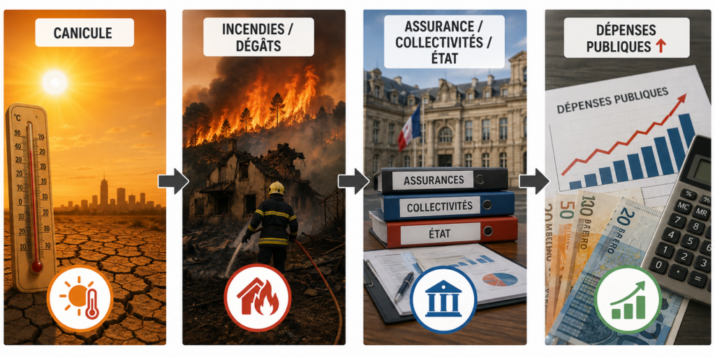 canicule → incendies / dégâts → assurance / collectivités / État → dépenses publiques ↑.
