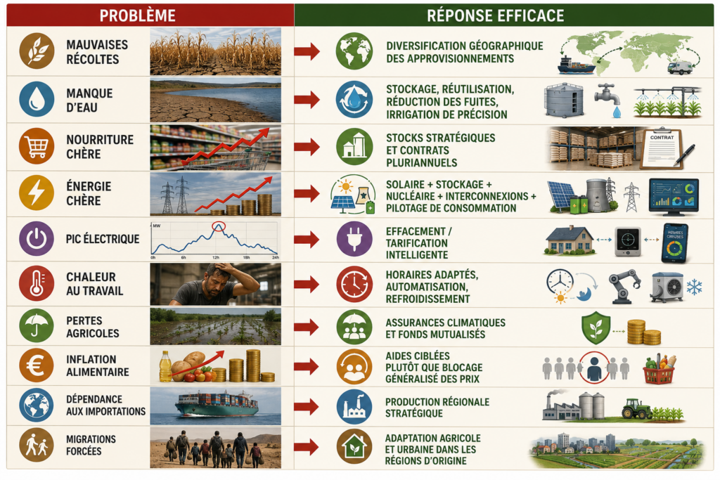 | Problème | Réponse efficace |
| --------------------------- | --------------------------------------------------------------------------- |
| mauvaises récoltes | diversification géographique des approvisionnements |
| manque d'eau | stockage, réutilisation, réduction des fuites, irrigation de précision |
| nourriture chère | stocks stratégiques et contrats pluriannuels |
| énergie chère | solaire + stockage + nucléaire + interconnexions + pilotage de consommation |
| pic électrique | effacement / tarification intelligente |
| chaleur au travail | horaires adaptés, automatisation, refroidissement |
| pertes agricoles | assurances climatiques et fonds mutualisés |
| inflation alimentaire | aides ciblées plutôt que blocage généralisé des prix |
| dépendance aux importations | production régionale stratégique |
| migrations forcées | adaptation agricole et urbaine dans les régions d'origine |